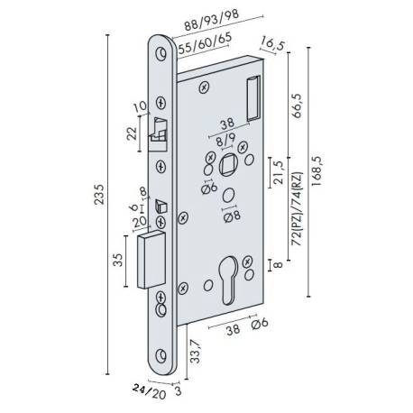 Serrure électro-mécan. à béq.contrôlée 1 coté EL560, axe 55, EA 72 mm têt.235x20