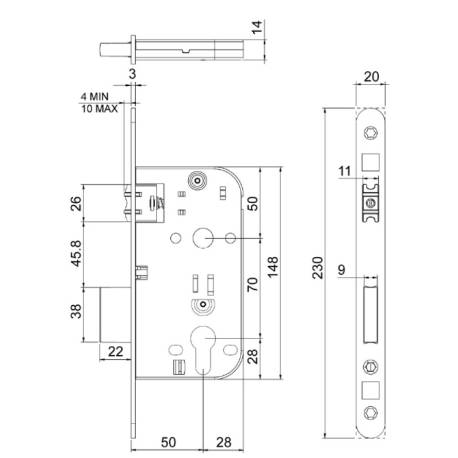 Serrure EXS 17,cylindre européen à rouleau axe 50 mm bouts ronds inox sans gache