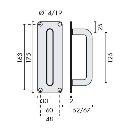 Poignée de tirage sur plaque Ø 14 mm, 175x60 mm, inox brossé 316