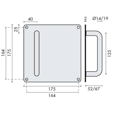 Poignée de tirage sur plaque Ø 14 mm, 175x175 mm, inox brossé 316