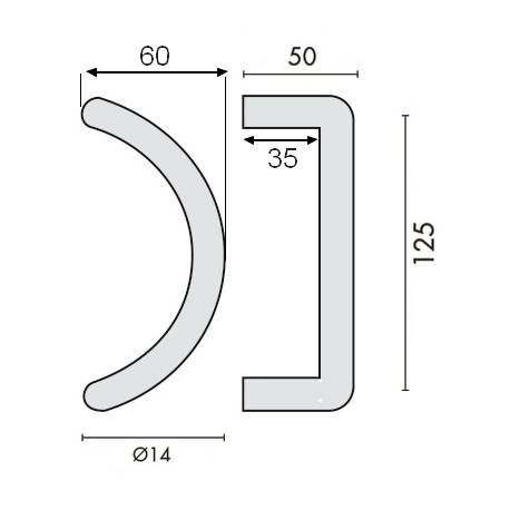 Poignée de tirage demi-lune Ø 14 mm, à douille, entraxe 125 mm, inox brossé 316