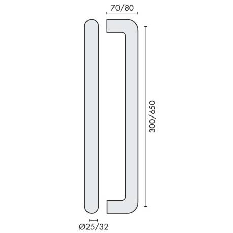 Poignée de tirage droite Ø 32 mm, filetée, entraxe 650 mm, inox brossé 316