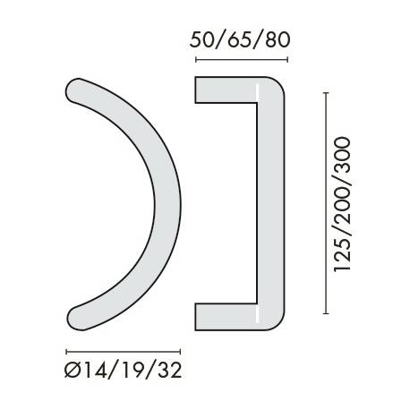 Poignée de tirage demi-lune Ø 32 mm, filetée, entraxe 300 mm, inox brossé 316