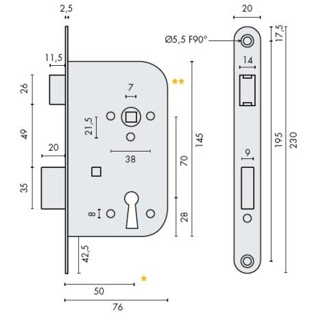 Serrure EXS 13, pêne dormant 1/2 tour clé L axe 50 mm NF bouts ronds noire